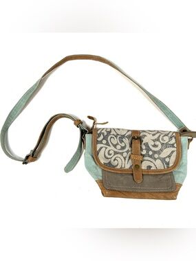 NEW Myra Bag Crossbody Bag Small Canvas Leather Blue Brown Flap #1246